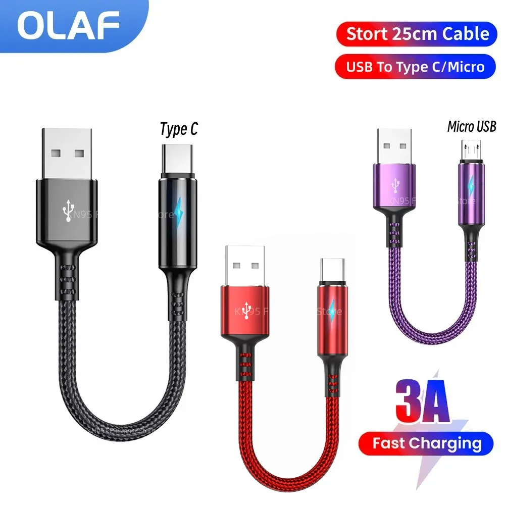 25cm Type C USB Micro Cable Fast Charging Cord Wire Short - Main Image