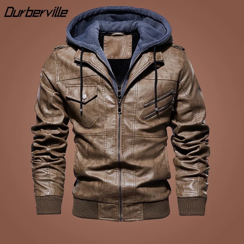 

PU Leather Mens Hooded Jacket Autumn Winter Thick Velvet Inner Windproof Coat Male Casual Outdoor Biker Jacket Men Plus Size