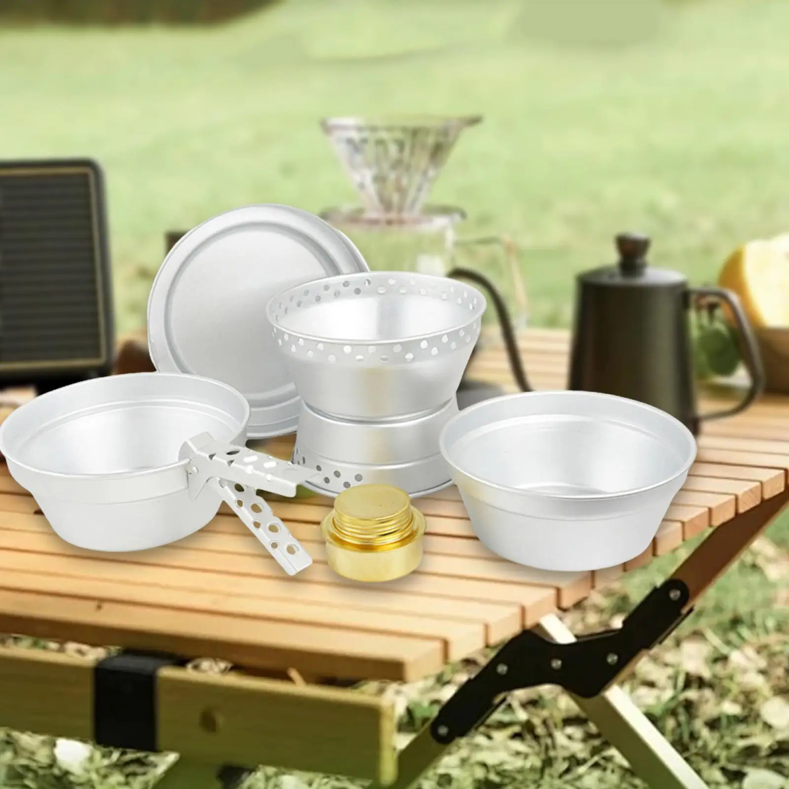 

Набор посуды для кемпинга, компактное оборудование для приготовления пищи, сковорода для приготовления пищи, пикника, путешествий, пешего туризма, 7 предметов