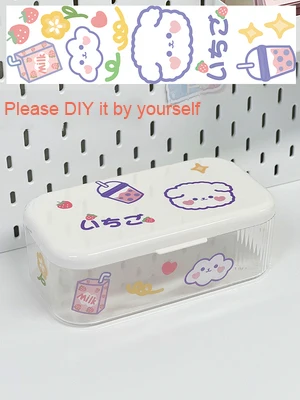 Kawaii Storage Box With Sticker Lid Cute Portable Mask Case Holder Plastic  Container For Cosmetics Stationery Desk Organizer