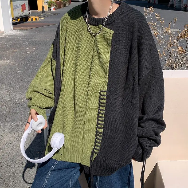 Patchwork Men's Sweater With Pattern Vintage Harajuku Paired Japanese stylesystemClothes Knitted Pullovers New Year Pullover