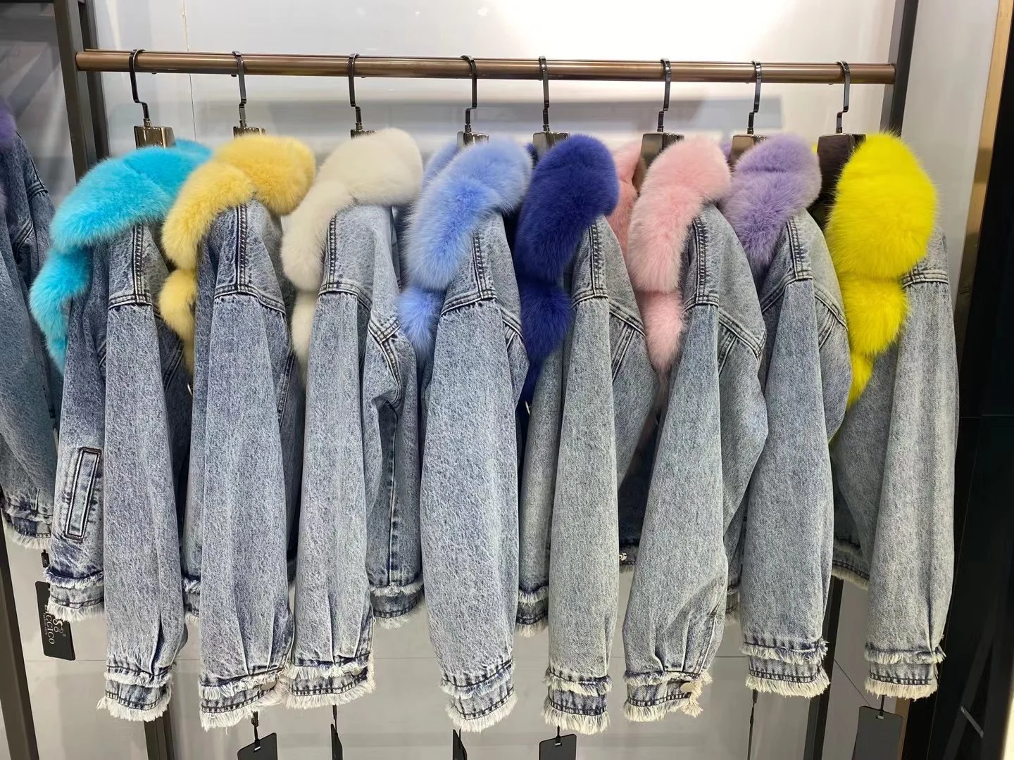 Denim Coat with Real Large Fox Fur Collar for Women, Furry Jacket, Fluffy Suit, Luxurious Brown and Yellow Coat, Winter Fashion