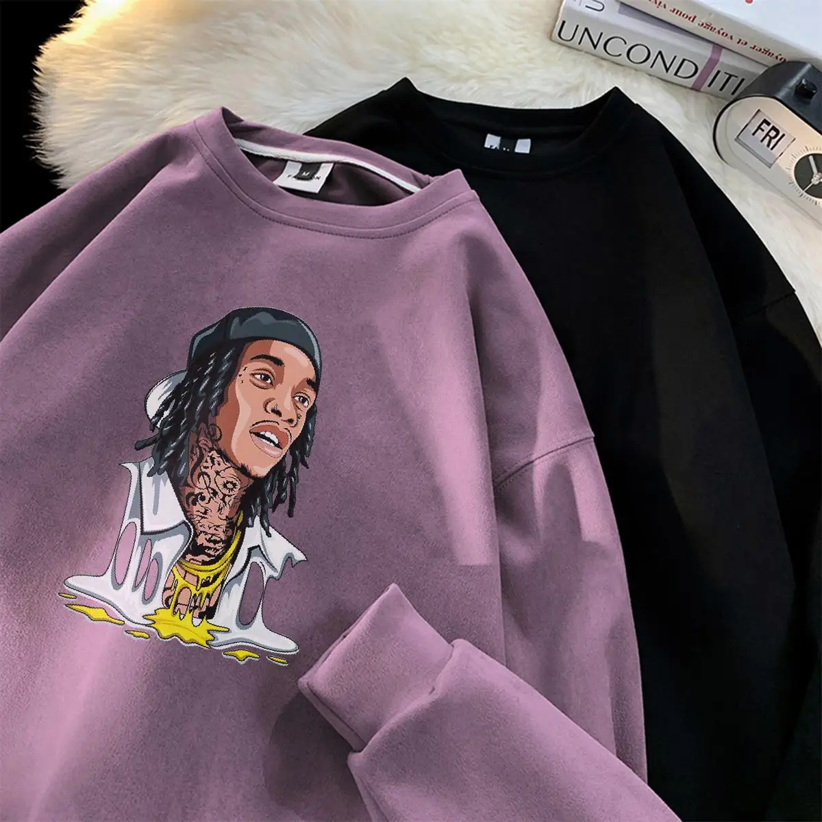 Oversized Tattoo Men Graphic Sweatshirt Tops Hip Hop Hoodies Pullover Suede Streetwear Male Autumn Y2K Clothing O-neck Clothes