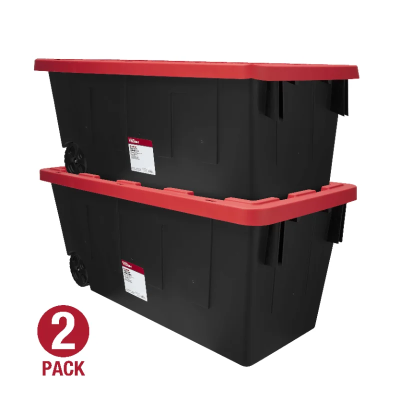 

2pcs 50 Gallon Snap Lid Wheeled Plastic Storage Tote Tough Black Resin Construction Resists Rust Home Storage Boxes