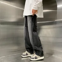 Four Seasons Men's Vintage Straight Wide Leg Casual Denim Trousers Loose Hole Patch Black Jeans Pants Male  Men's Streetwear 1