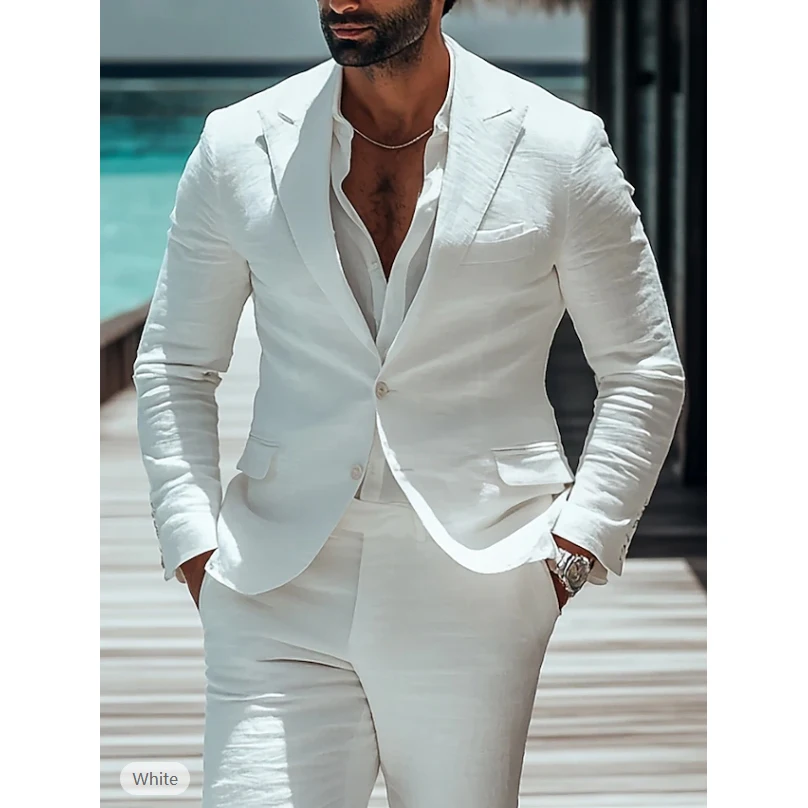 White Linen Suits For Men 2 Pieces Beach Wedding Party Tuxedos Casual Linen Male Jacket Blazer Pants Costume Homme Mariage 2