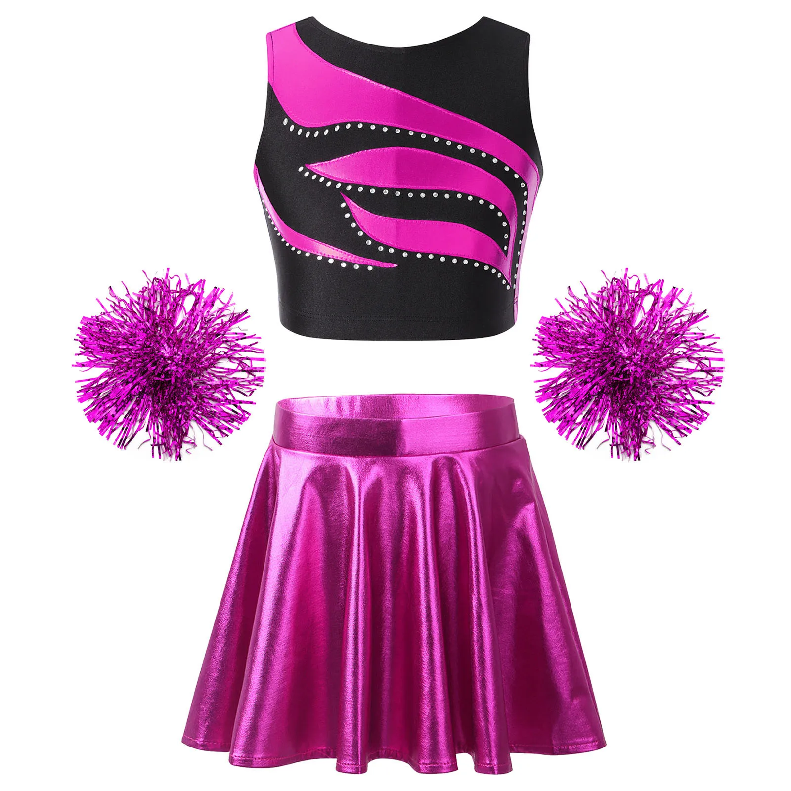 

3PCS Kids Girls Cheerleading Dance Costumes Sleeveless Shiny Patchwork Crop Top with Metallic Flared Skirt 2Pcs Hand Flowers