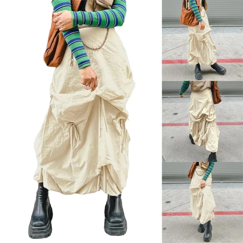 

Versatile Women's Midi Length Solid Skirt Side Zipper Drawstring Pleated Dress