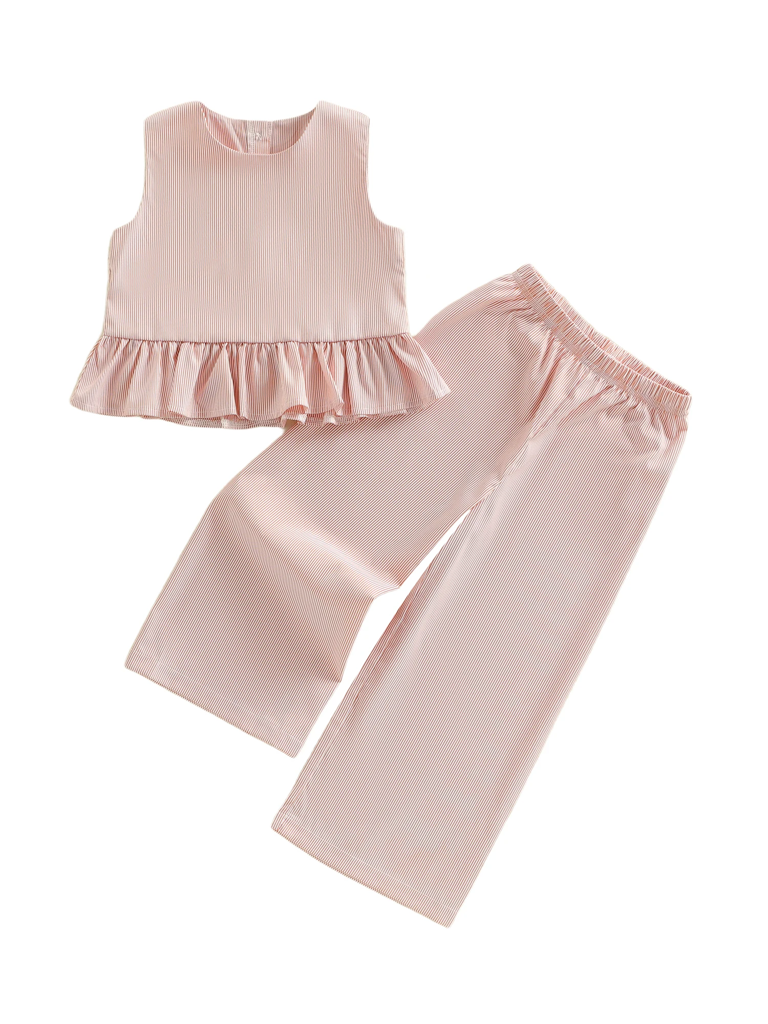 Girls 2-Piece Outfit Sleeveless Round Neck Flared Hem Top and Wide Leg Pants Set for Summer Fashion