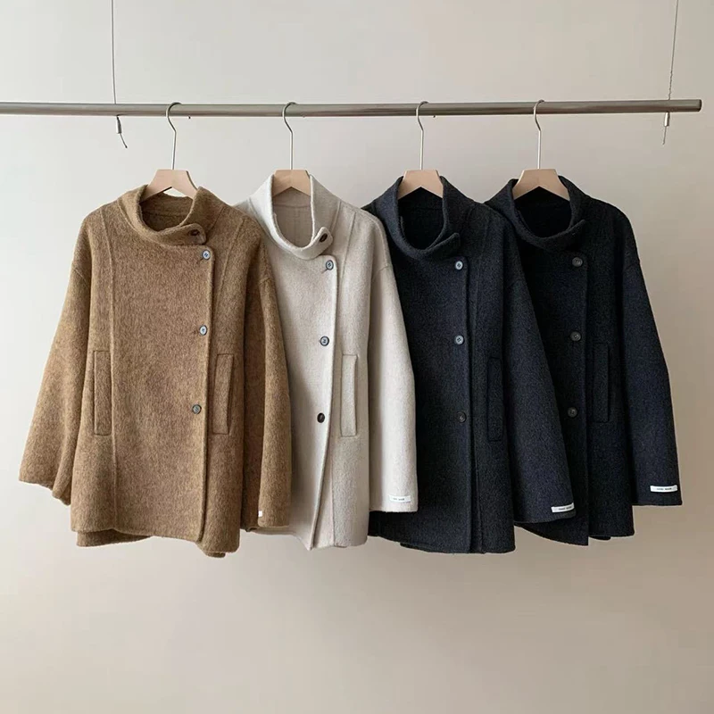 LANMREM Stand Collar Drop Shoulder Womens Double-faced Woolen Coat Asymmetrical Single Breaste Reversible Overcoat With Belt - Image 6