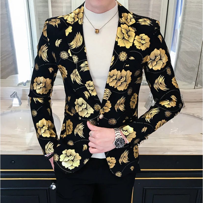Four Seasons Men Hot Stamping Floral Fashion Handsome Printed Business Casual Suit Korean Version Slim-fit Suit Blazer