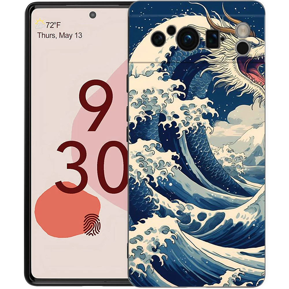 Stylish Black TPU Soft Back Phone Cover Featuring The Great Wave of Kanagawa Design