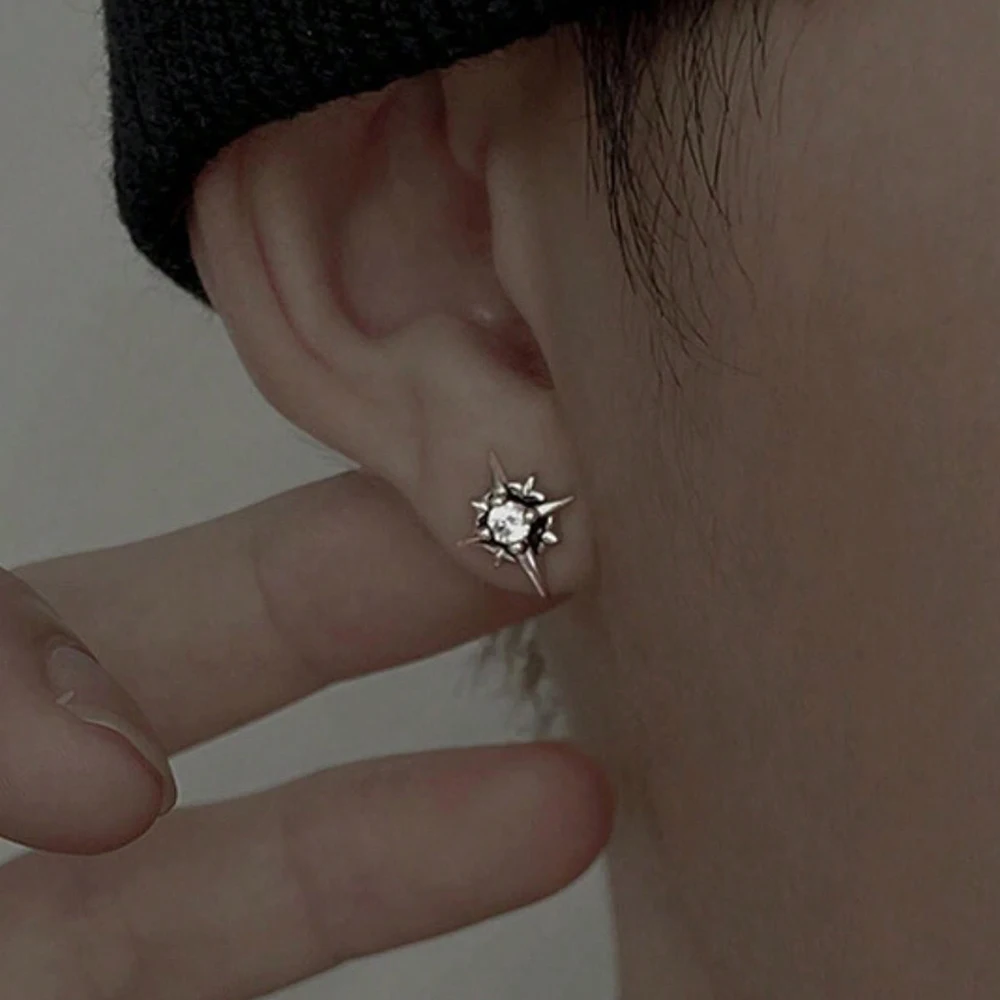 CZ Metal Star Earring Stud For Men Women Hip Hop Style Antique Silver Color Start Clear Crystal Couple Post Earrings