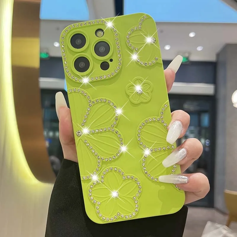thumbnail image 1 of Funda transparente con diseño de flores y diamantes con baño de purpurina para iPhone 16, 15 Pro Max, 14, 13, 12 y 11, funda de silicona suave a prueba de golpes con brillantes diamantes de imitación, 1 of 5