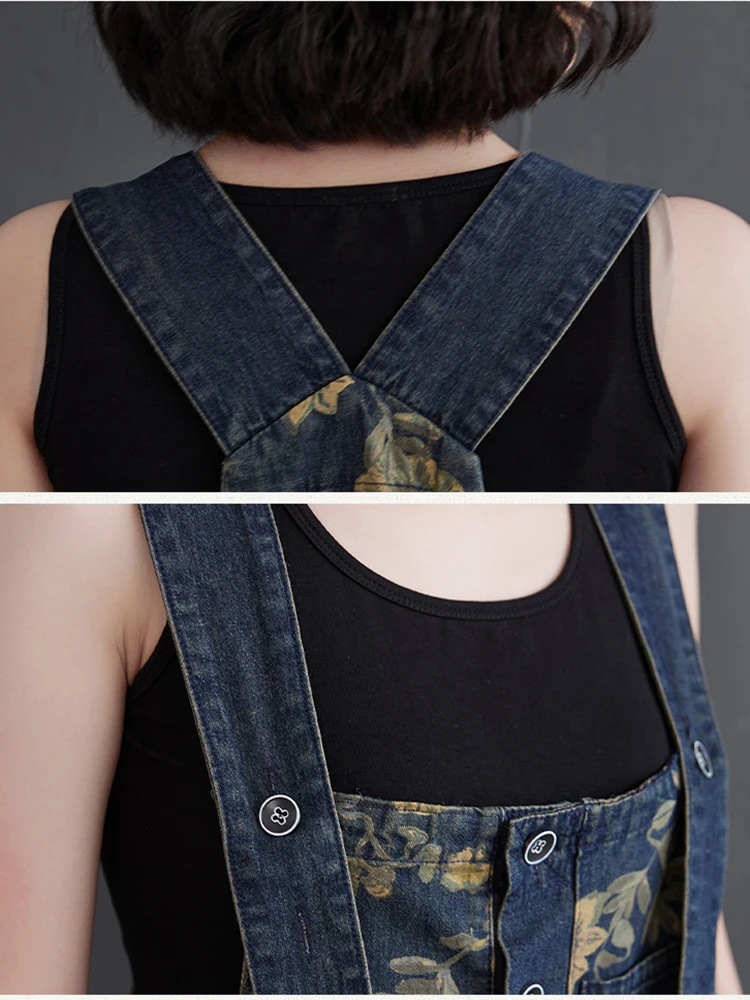 2023 Spring Print Floral Denim Jumpsuit Women Vintage Streetwear Oversized Dungarees Loose Wide Leg Overalls Straps Baggy Pants