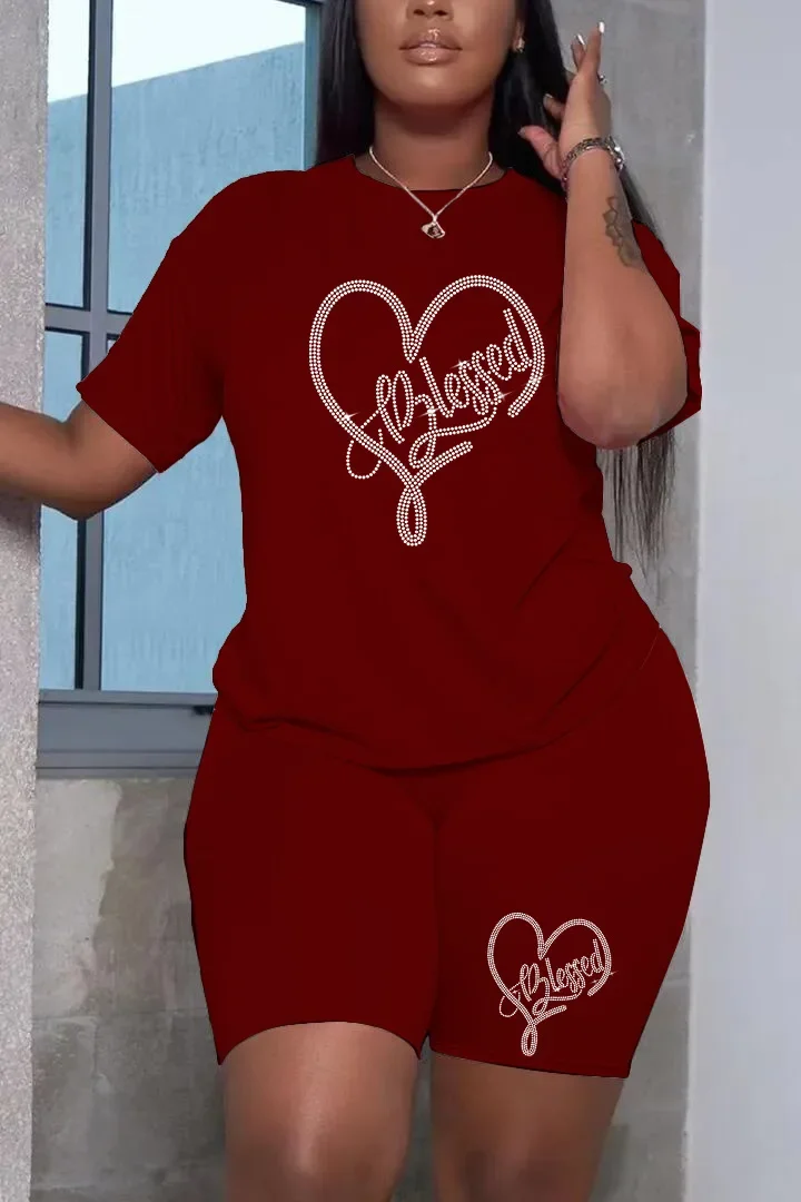 Plus Size Two Piece Sets Casual Short-sleeved Top and Short Pants Set Hot Diamond Printing Graphic Plus Size Womens Outifits
