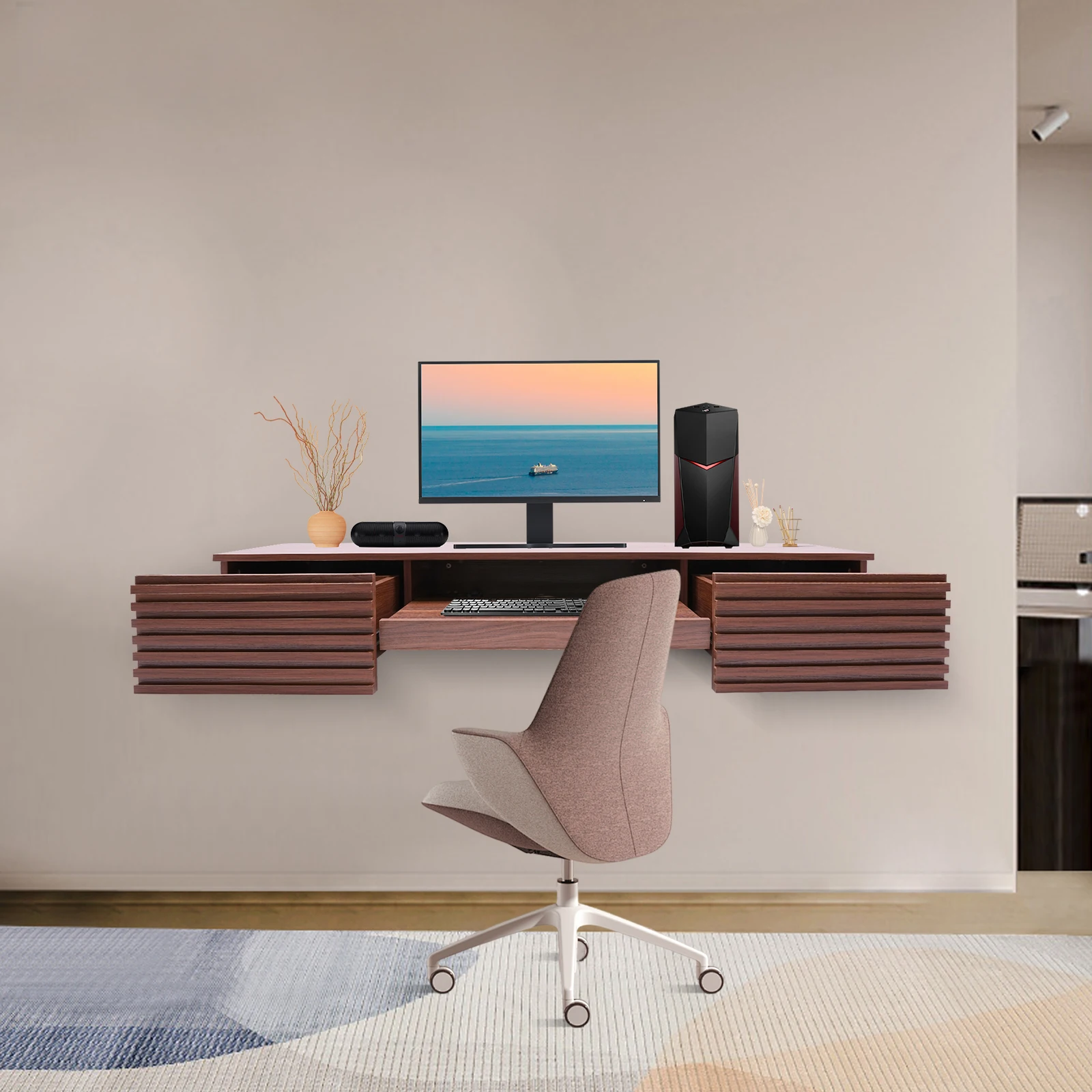 Floating Desk with Pull Out Drawer, Wall Mounted Laptop Computer Write Study Table Multifunctional Workstation Office Organizer 5