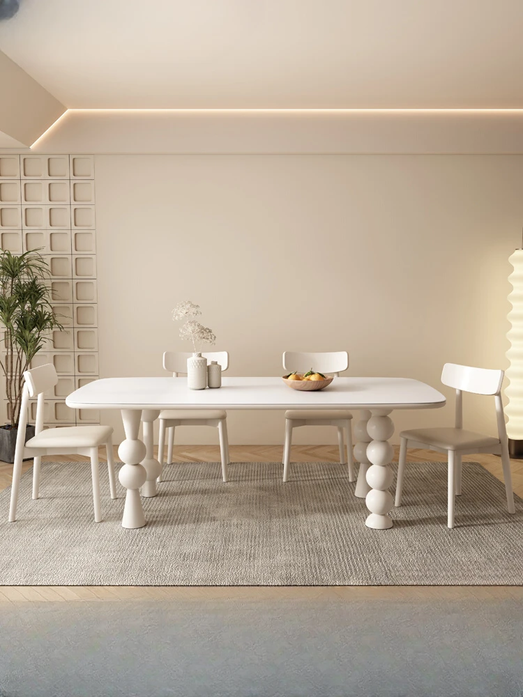 

French Cream Style Stone Plate Dining Tables and Chairs Set Restaurant Small Apartment Rectangular Solid Wood Dining Table