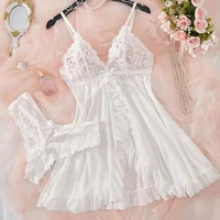 Transparent rouge Sexy Lingerie sous-vêtements pour femmes voir à travers les vêtements de nuit dentelle chemise de nuit et culotte Pijamas ensembles femme Sexy nuisette 4