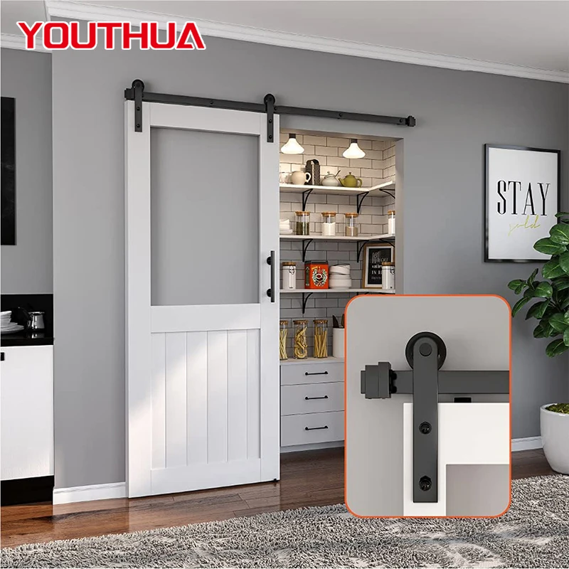 YOUTHUA Sliding Barn Door Hardware Kit Slide Heavy Duty For Single Barn Door Track Roller System Black Steel Rail Hanger