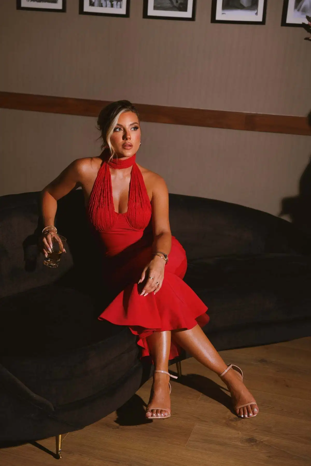 Sexy Hanging Collar Lace Patchwork Deep V Evening Dress Women Elegant Backless Party Club Vestido Autumn/winter New