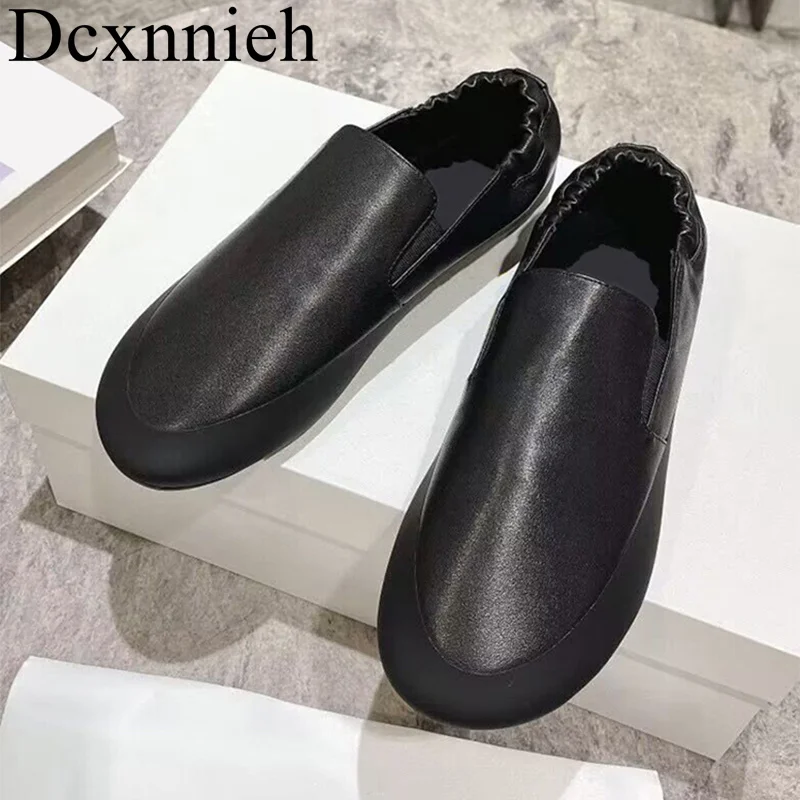 

Round Toe Women's Retro Single Shoes Shallow Mouth Genuine Leather Flat Loafers Spring Autumn Soft Sole Comfort Walking Shoes