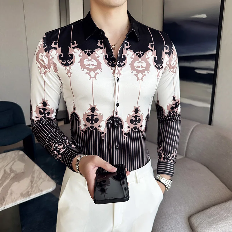 

Plus Size 6XL-M Luxury Vintage Printing Shirt Men's Korean Long Sleeve Designer Shirt Social Party Streetwear Flower Shirt Men