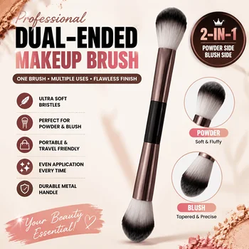Pennello per trucco, Pennello per cipria, Pennello per fard, Pennello per cipria in polvere, Manico in metallo professionale di alta qualità, Design a doppia testa, con scatola