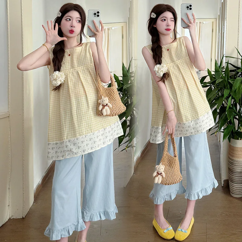 Pregnant Women's Summer New Korean Version Sweet Square Collar Spliced Top Pants Two-piece Set for Women