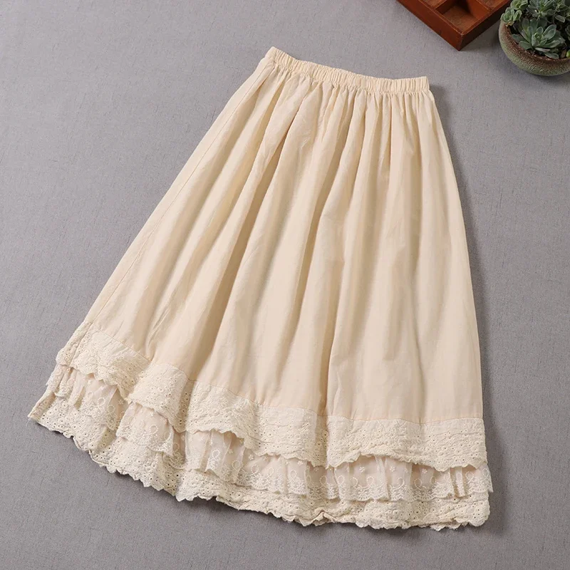 Japan Style Mori Girl Literature Lace Embroidery Skirt Women Spring Summer Elastic Waist Cotton Linen A-linen Skirts