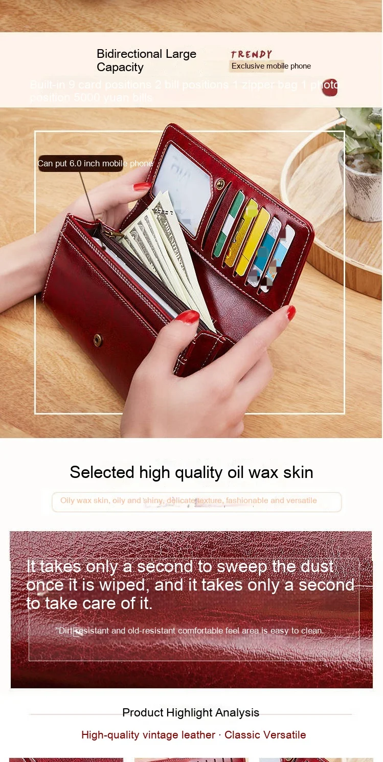 Wallet Women's Long Retro Oil and Wax Skin Large Capacity Handheld Bag 2024 Fashion New Phone Bag Multi Card Bag Wallet_voghion.com