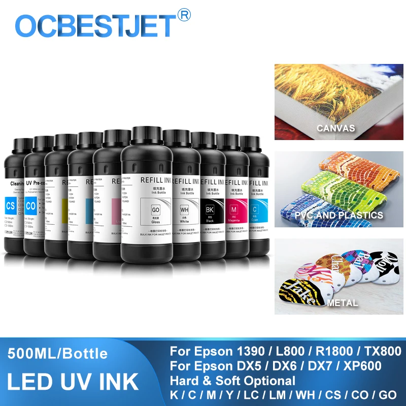 500ML LED UV Ink For Epson 1390 L800 L1800 L805 R1800 R1900 DX4 DX5 DX6 DX7 DX10 TX800 XP600 Printhead