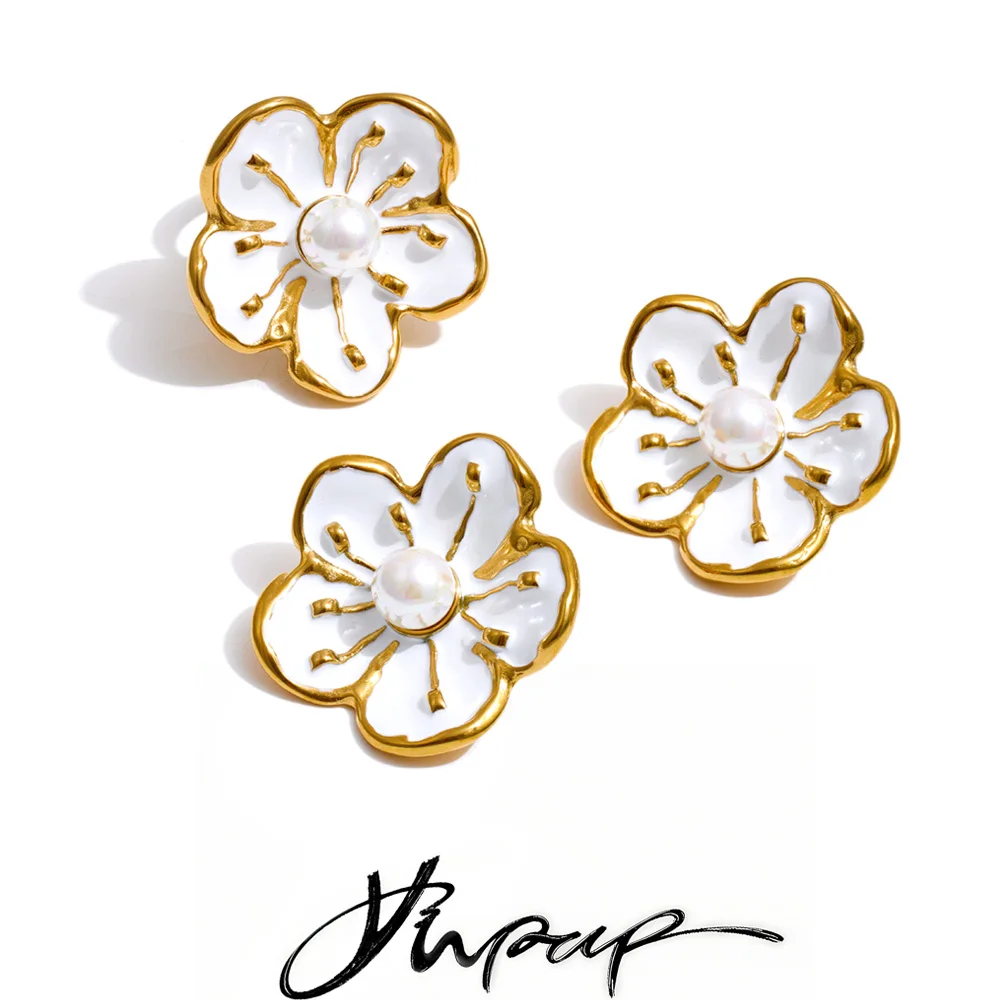 Yhpup Earrings Ring Set White Enamel Pearl Korean Flower