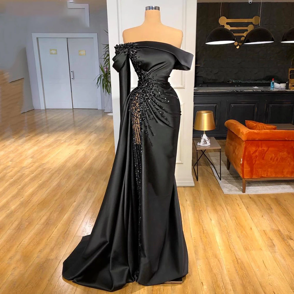 

Lily Off-shoulder Black Pageant Party Gown Luxury Pearls Evening Dress Formal Mermaid Sexy Prom Dress Custom abiti da cerimonia