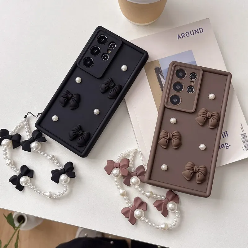 Elegant Bow Tie Pearl Chain Rope Phone Case Cover