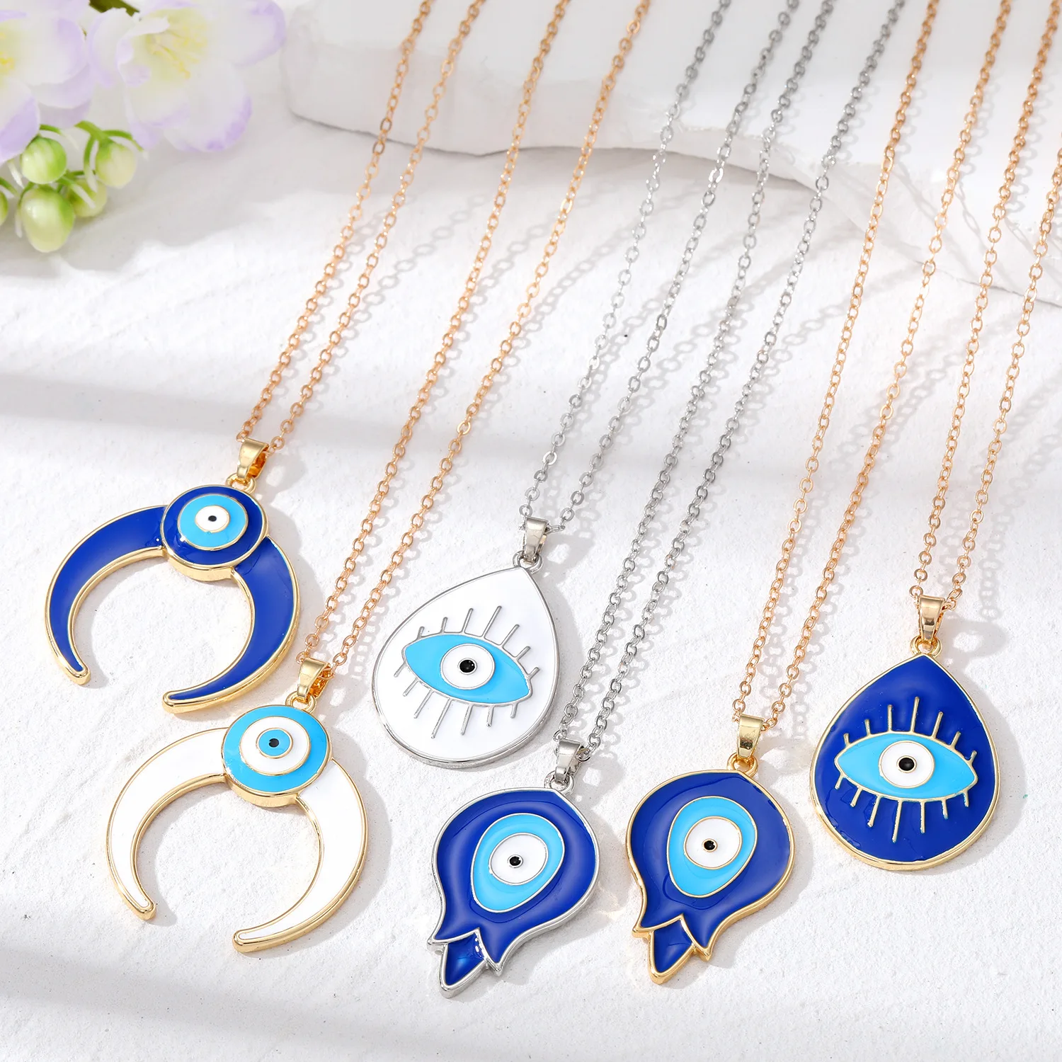 

Turkey Blue Eye Necklace New Moon Water Drop Flower Lucky Evil Eyes Necklace Women Men Jewelry