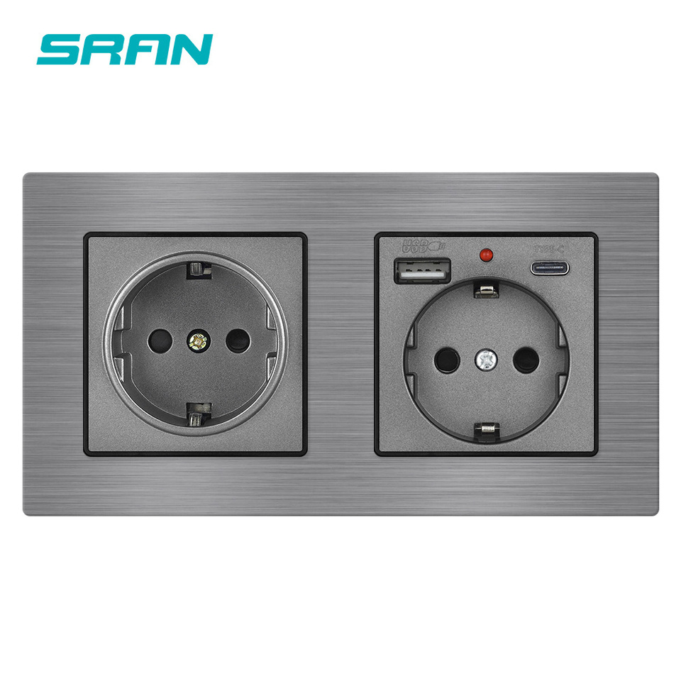 SRAN EU Standard USB C Socket 220V,153*82mm Aluminum Alloy Panel, Wall Electrical Outlets with Usb Type-C 5V 2.1A