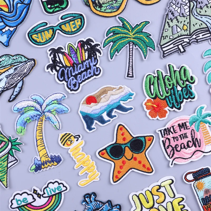 

Outdoor Tropical Landscap Embroided Patches On Clothes Beach Scenery Starfish Iron On Fusible Patches DIY Appliques on Backpack