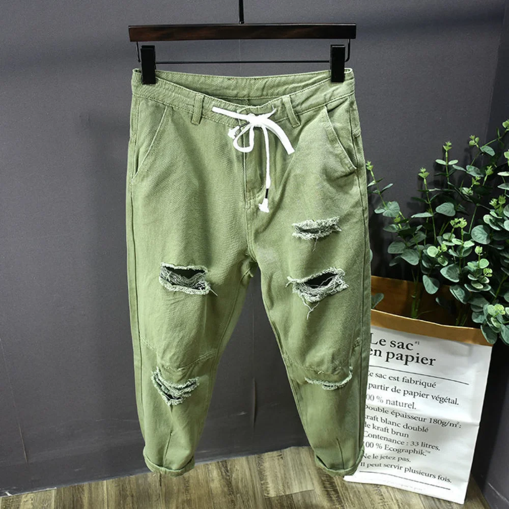 2023 streetwear 패션 블랙 찢어진 스키니 청바지 남성 슬림 힙합 데님 바지 남성 조깅을위한 새로운 봄 캐주얼 청바지