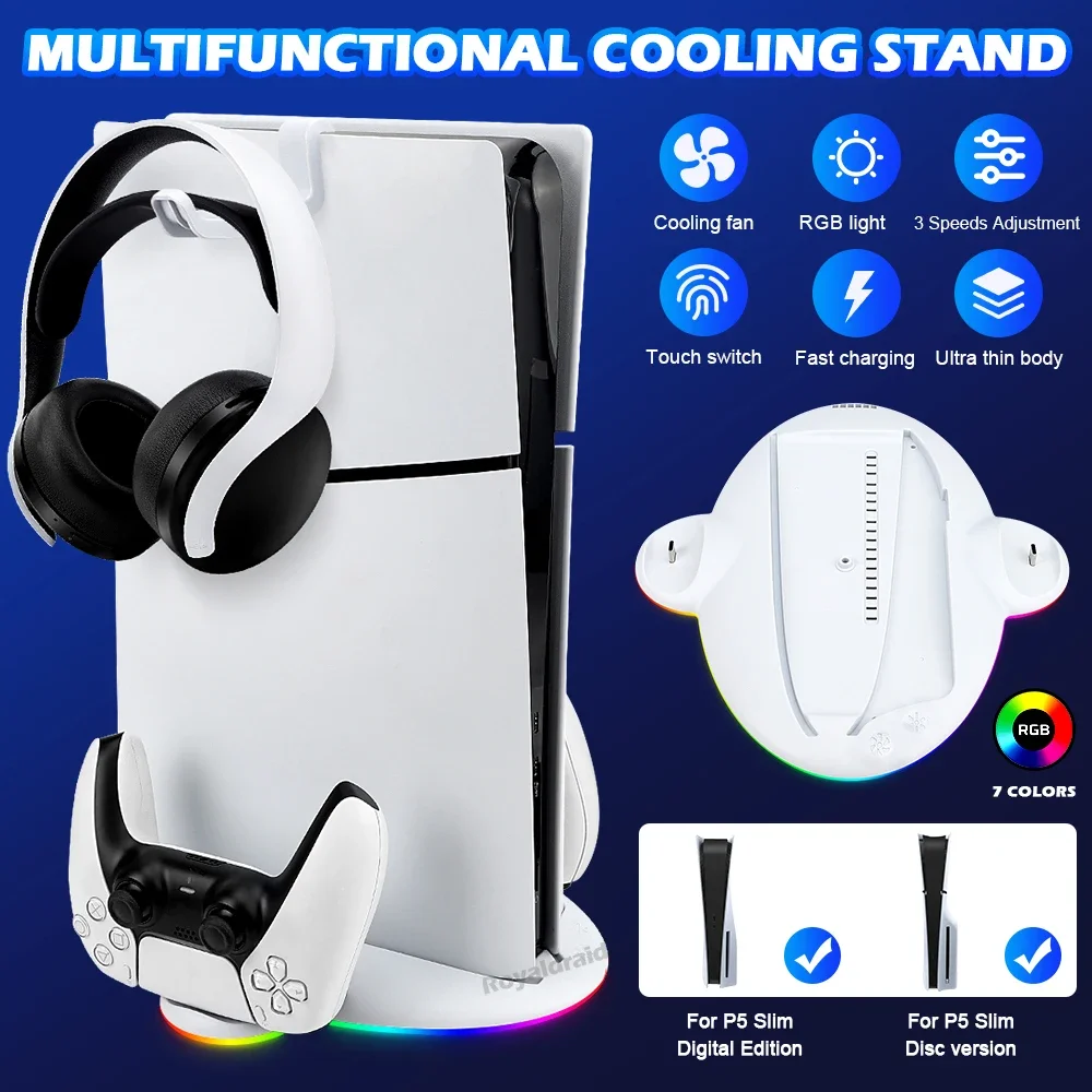 RGB LED 조명 및 PS5 슬림 컨트롤러가 포함된 PS5 슬림 스탠드 냉각 스테이션의 새로운 기능 Playstation 5 슬림 디스크용 빠른 충전기