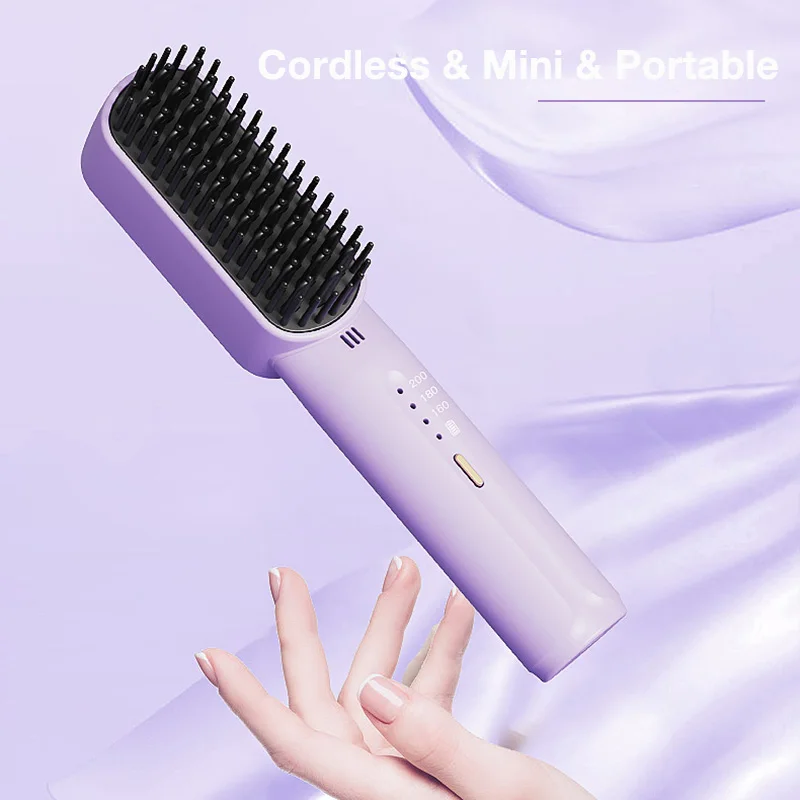 Portable Cordless Mini Hair Straightening Comb with Negative Ions, USB Rechargeable, Anti-Scald for All Hair Types.