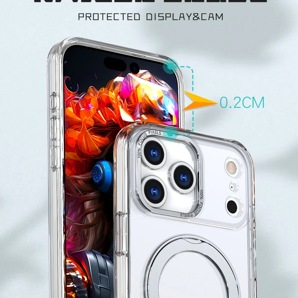 Luxury 360 Rotating Magnetic Stand Phone Case with Metal Ring and Foldable Bracket - Acrylic Clear