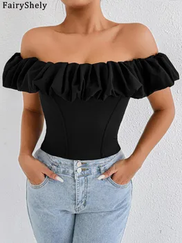 Fairyshely 2026 Sexy Summer Off Shoulder Top Women Ruffle Bandeau Bodycon Strapless Tops Lady Off Shoulder Club Party Clothes