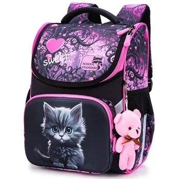 Orthopedic School Backpack For Girls Cartoon Cat Primary School Grade 1 Students Bags Kids Satchels Female Bookbag 7-9 Years 1