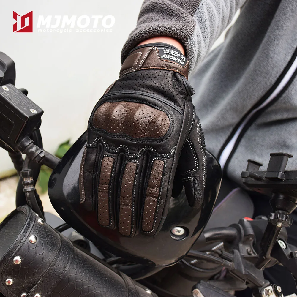 Vintage Brown Leather Touchscreen Motorcycle Gloves for Men - CE Certified Riding Gloves