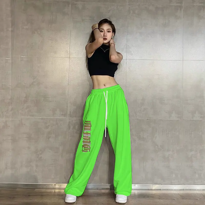 SUO&CHAO High Waist Loose Casual Haren Pants For Womens Solid Color Letter Print Hip Hop Dance Drawstring Trousers Sport Pants