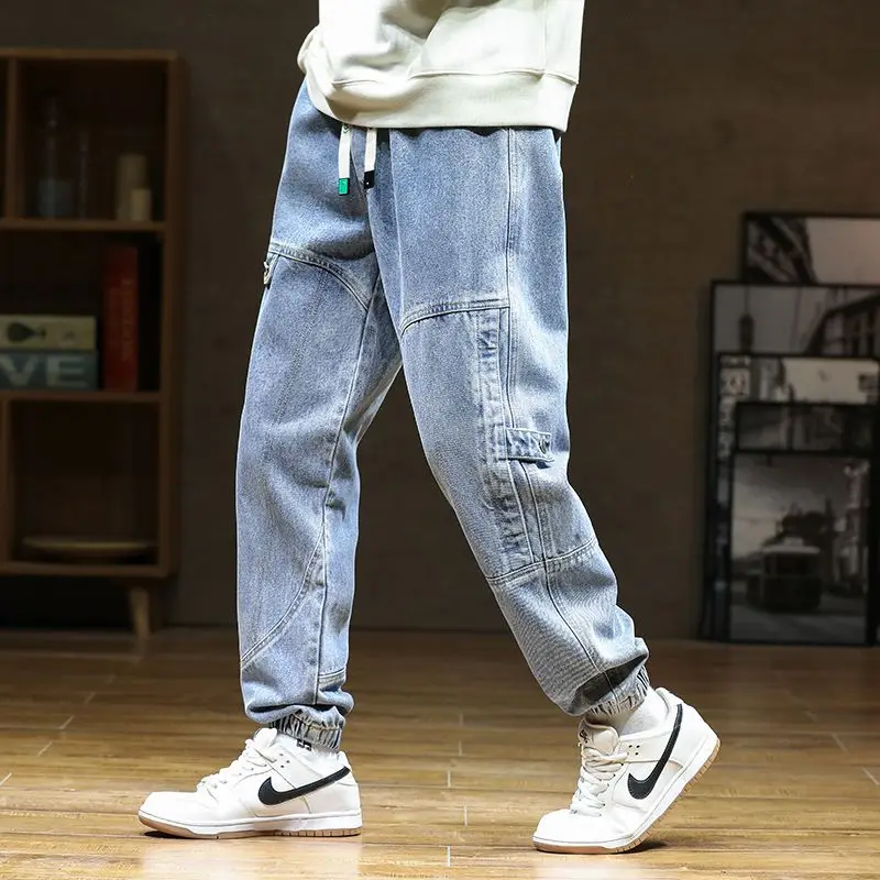 2022 New Jeans Autumn and Winter Plus Size Pants Elastic Waist Harun Men's Casual Loose Leggings Solid Color Patchwork Pockets