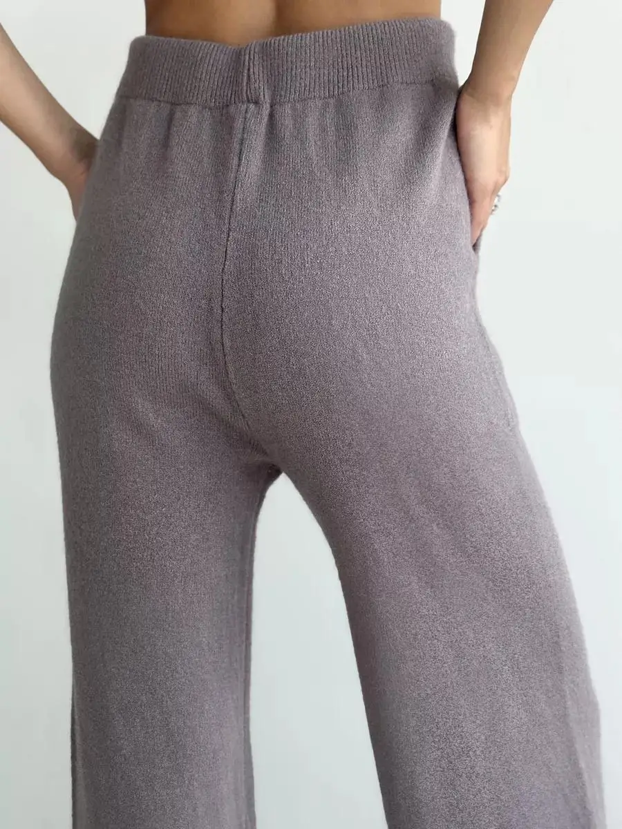 Knit Zipper Women's Pants Sets For Women Slim Lapel Long Sleeve Pullover And Patchwork Straight Legg 2 Piece-Set Winter