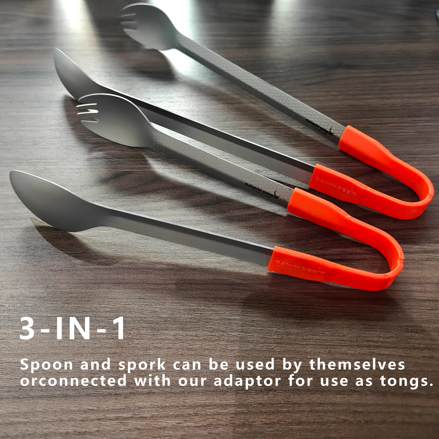3-in-1-Titan-Ultraleicht-Besteck-Set mit langem Griff, Löffel und Spork, Campingzange, Reiseutensilien mit Tasche, Outdoor-Geschirr – Detail 1