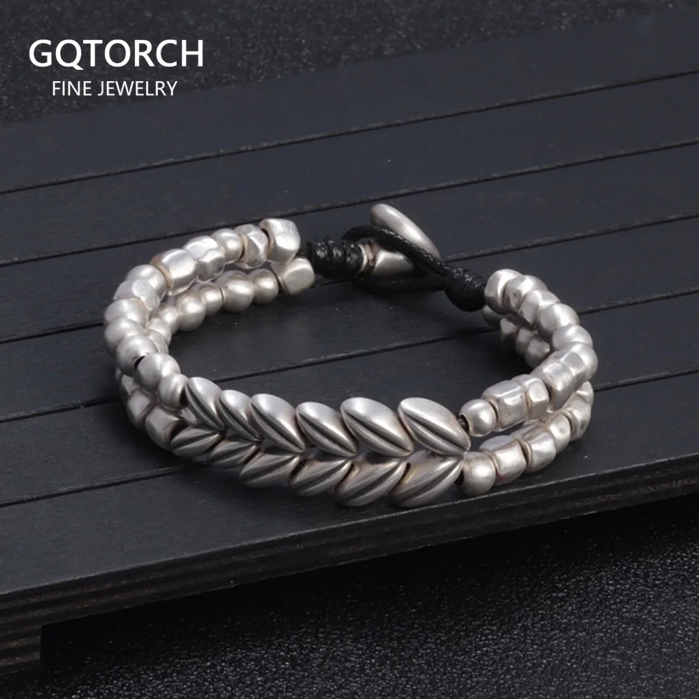 

Original Design 999 Sterling Silver Women and Men Wheat ears Beaded Braided Bracelet Fashion Cowhide Rope Jewelry Accessories